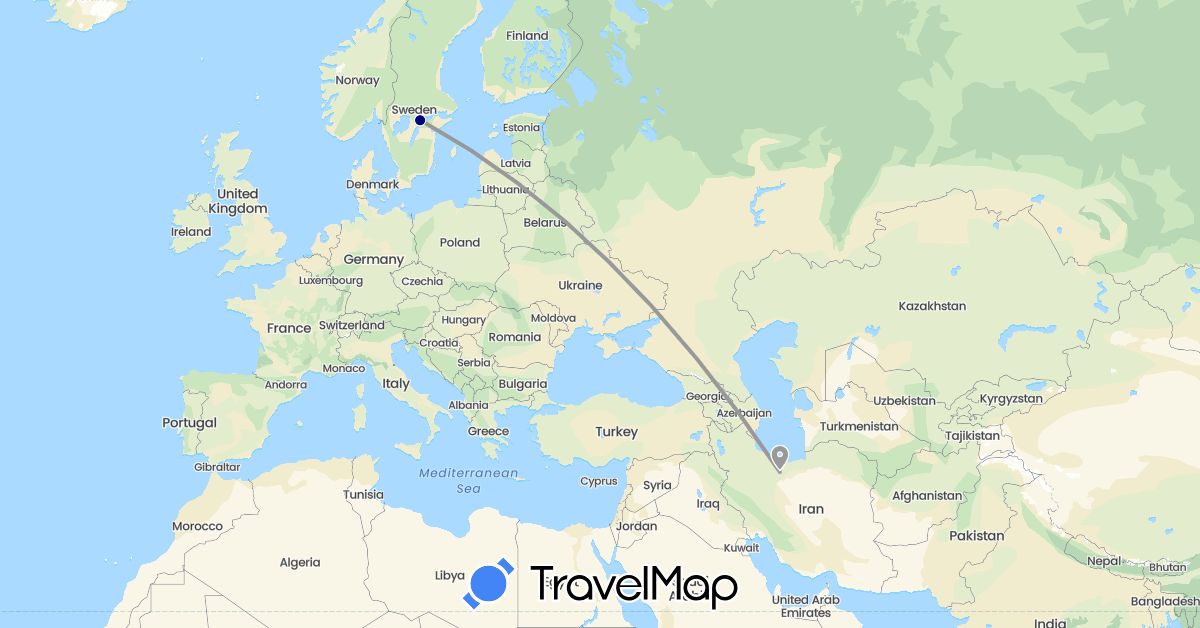 TravelMap itinerary: driving, plane in Iran, Sweden (Asia, Europe)